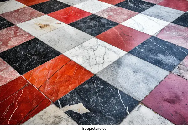 Red, White, Black and Pink Checkered Marble Floor Tiles