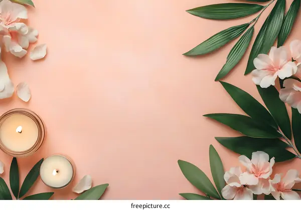 Pink Flowers, Green Leaves, Candles on Peach Background