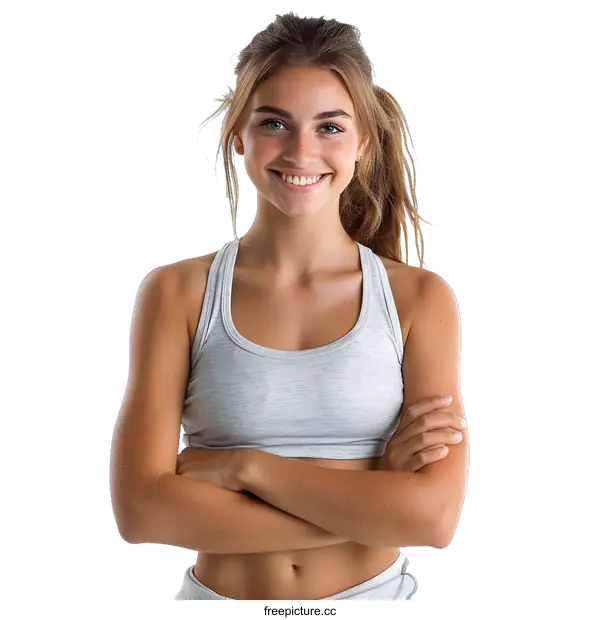 [Transparent Background PNG]portrait of a young woman in a gray sports bra