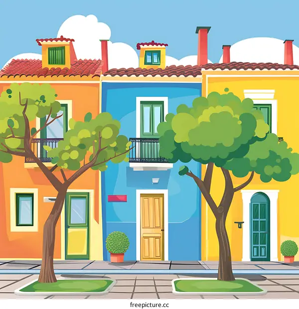 Cartoon Illustration Of Colorful Houses And Trees On A Sunny Day
