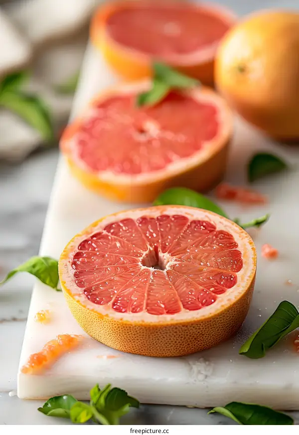 Freshly Cut Grapefruit Slices On A White Marble Cutting Board
