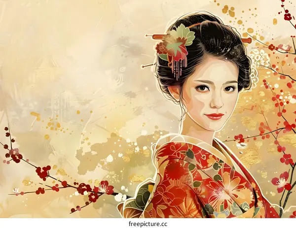 An illustration of a beautiful Japanese woman in traditional kimono with red and golden patterns and hair accessories.