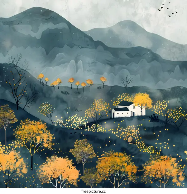 An illustration of a house in the mountains with yellow trees.