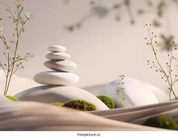 Minimalist Zen Garden Design with Stacked Stones and Green Plants