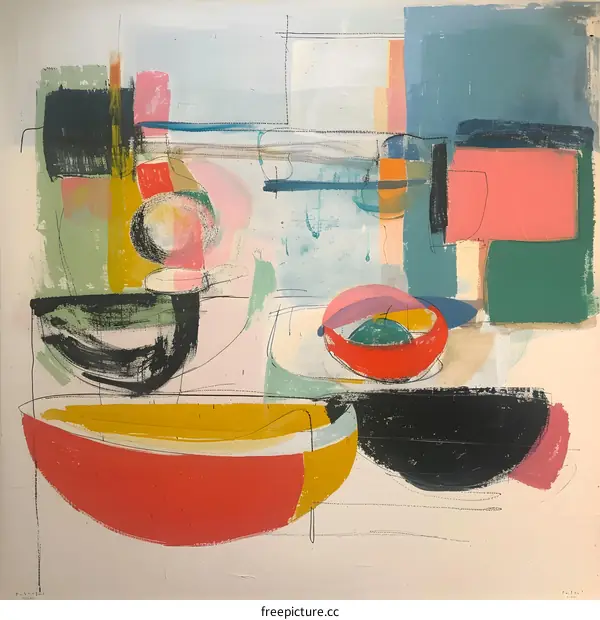 abstract painting of bowls and fruit