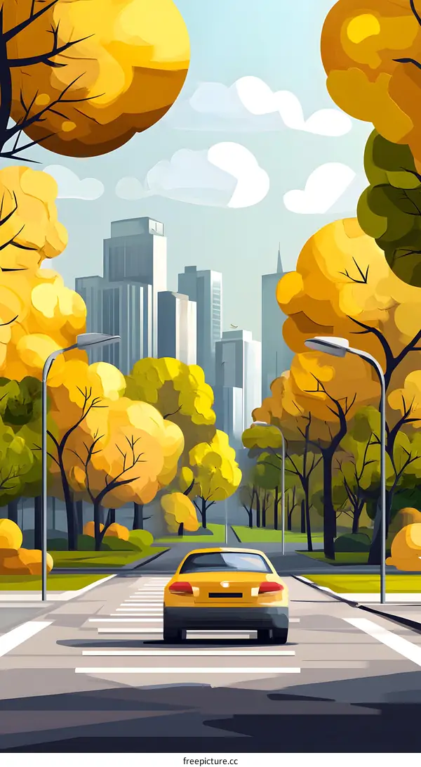 Autumn Day in City with Yellow Car on Street