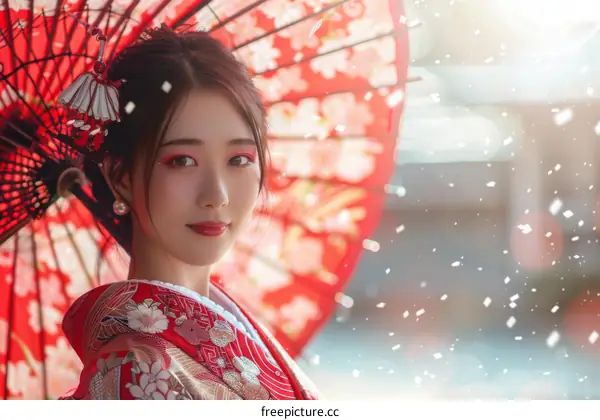 Portrait of a beautiful Japanese woman in traditional kimono holding a red umbrella