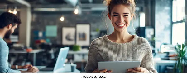 Smiling Woman Holding a Tablet in a Modern Office