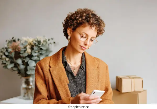Woman using smartphone in a stylish casual look