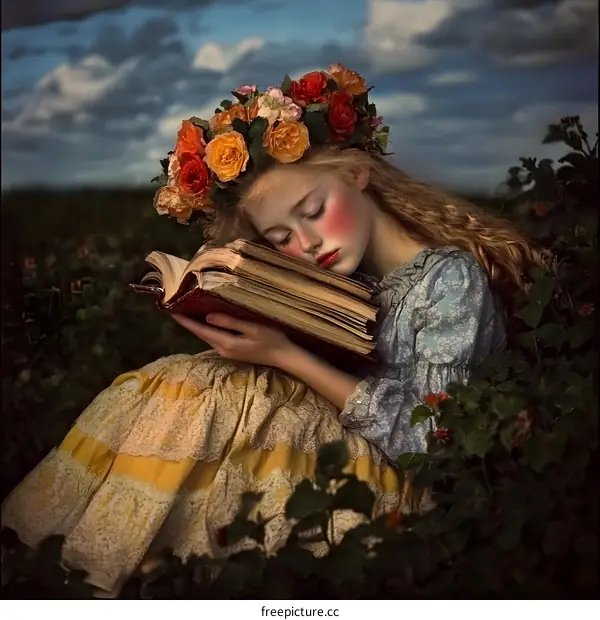 Young Girl Sleeping with Book in a Flower Field