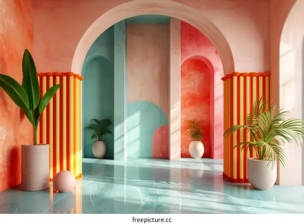 Colorful Interior Design with Archways and Plants
