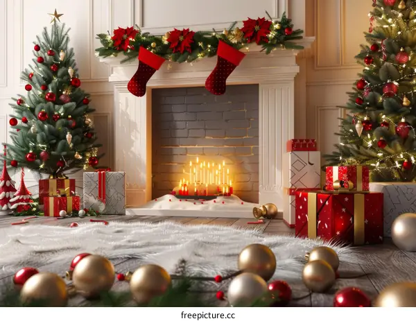 Cozy Christmas Fireplace with Decorated Tree and Presents