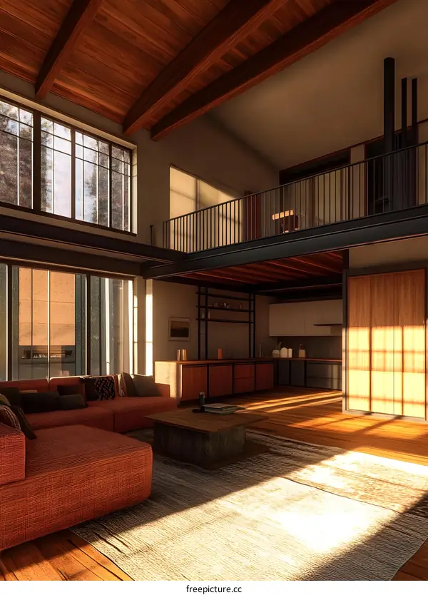 Modern Open Plan Living Room Interior Design With Wooden Beams And Large Windows