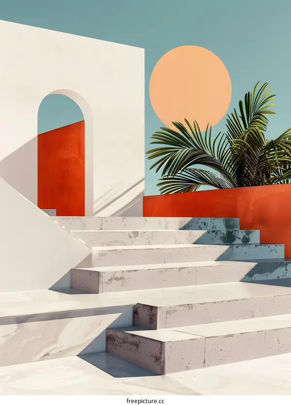 Minimalist Architecture With Stairs And Palm Tree