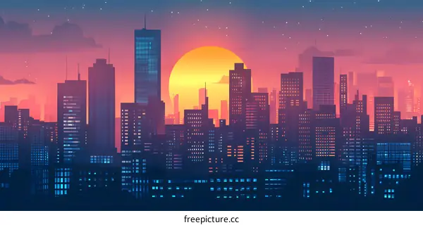 Sunset over the Cityscape with Starry Sky