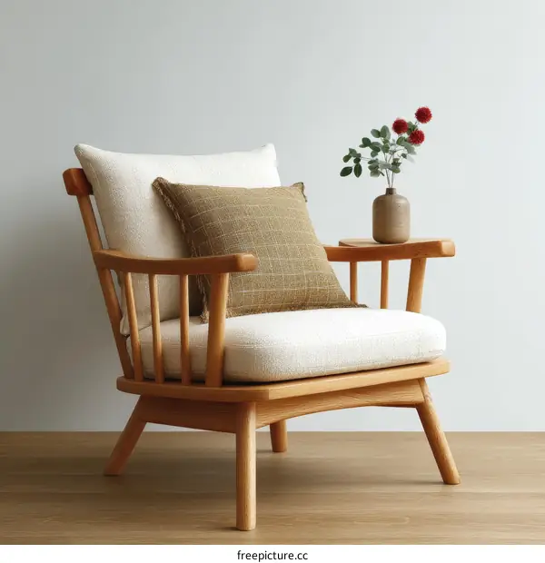 Modern Wooden Armchair with Beige Cushions