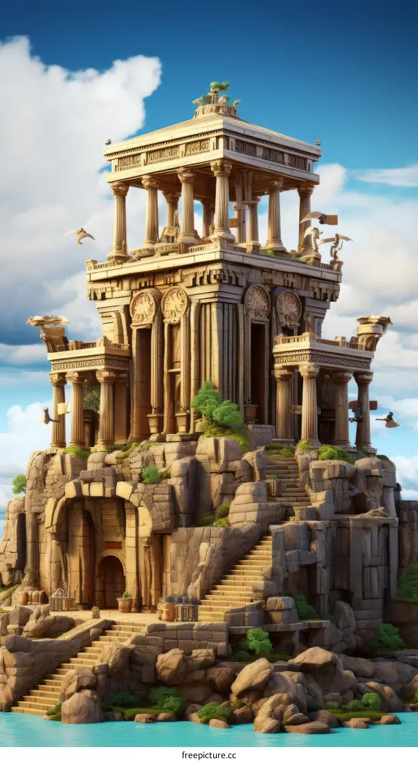 An illustration of a temple on a rocky cliff