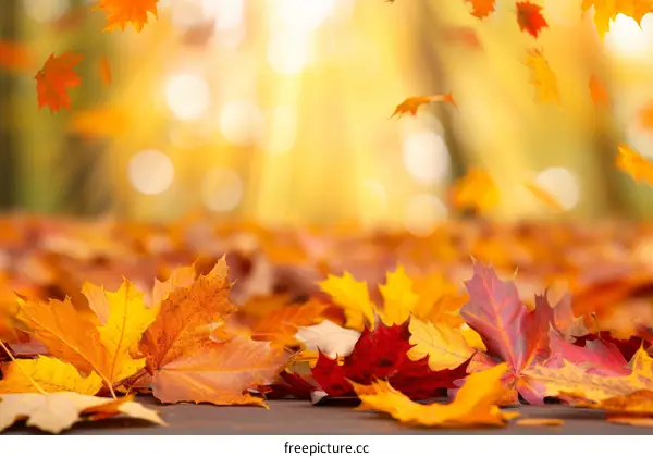 Colorful autumn leaves on wooden table