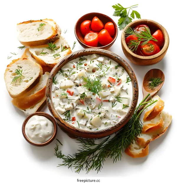 A wooden bowl of creamy potato soup with dill and bread