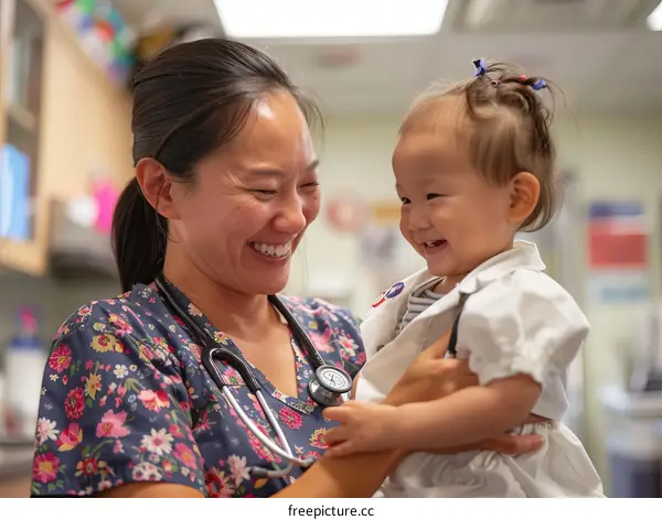 Asian female doctor holding a smiling baby