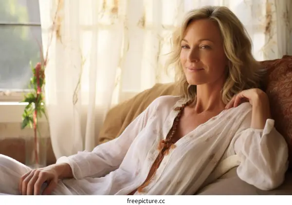 A beautiful blonde woman relaxing on a couch and looking out the window