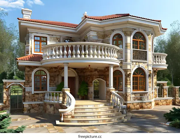 Stone Mansion with Balconies and Arched Windows