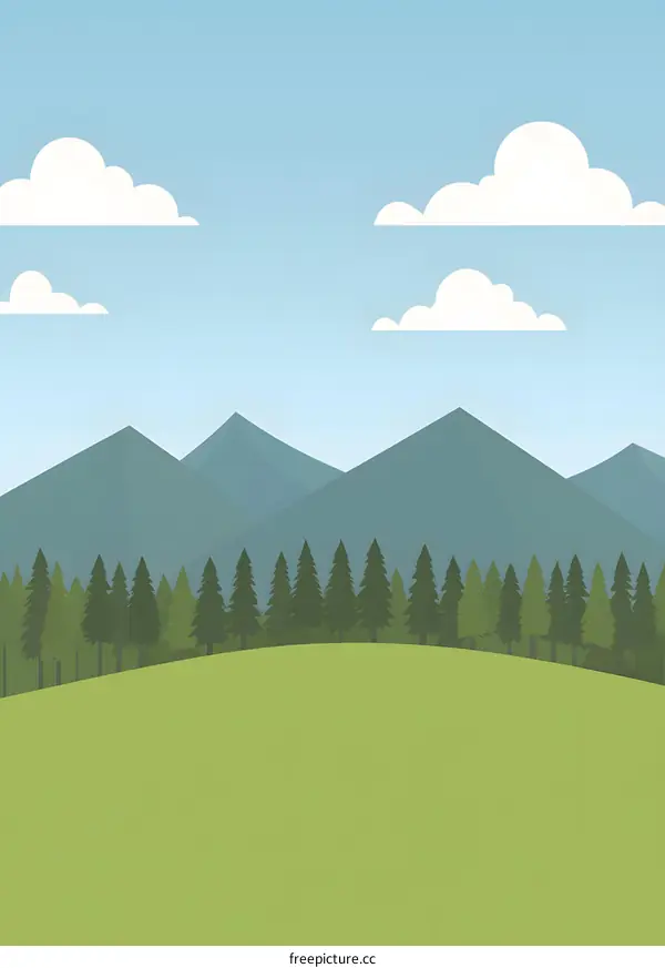Green Grass Field with Mountains and Trees Landscape Illustration