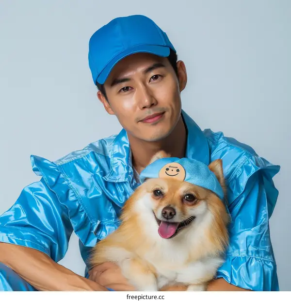 A man and his dog are both wearing blue hats.