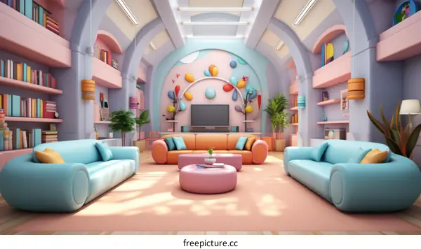 Colorful Living Room with Bookshelves and Large TV