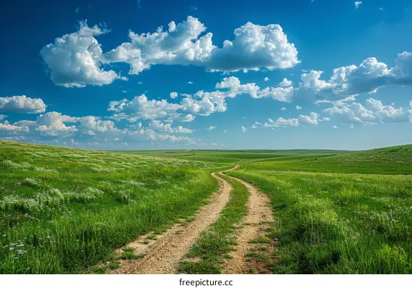 Dirt road through a lush green prairie landscape