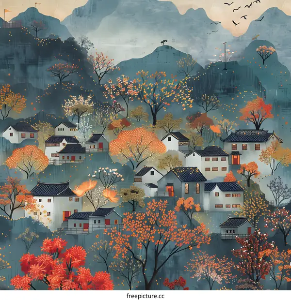 Traditional Chinese Painting of a Village in Autumn