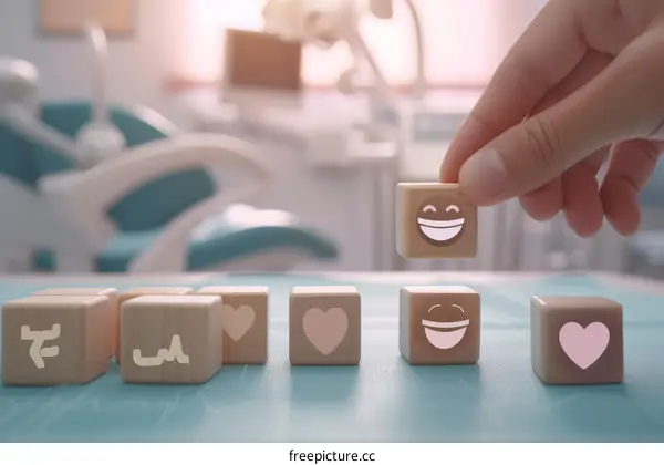 Hand picking up a smiley face cube block to complete a row of emoji blocks