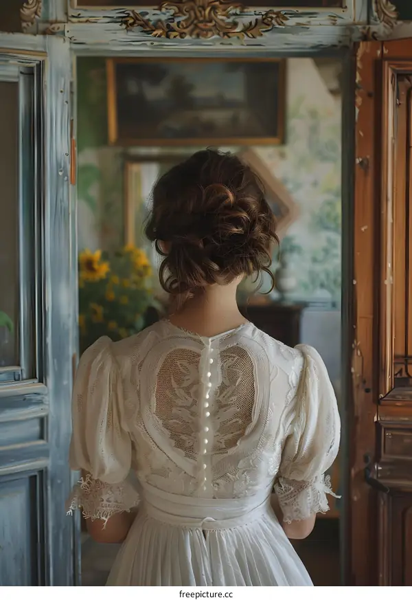 A woman wearing a white dress with a lace back is standing in front of a doorway.