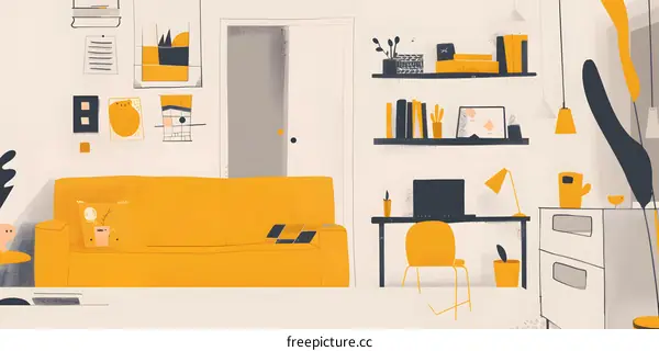 Yellow Couch and Desk in a Modern Living Room