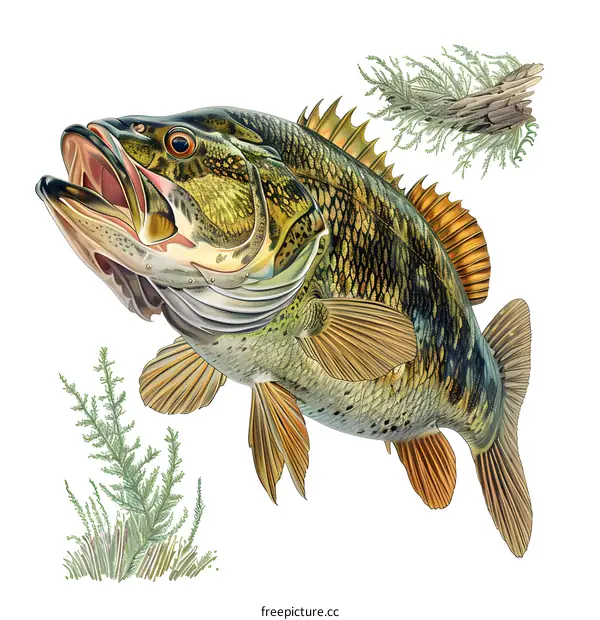 A largemouth bass fish illustrated in a vintage style