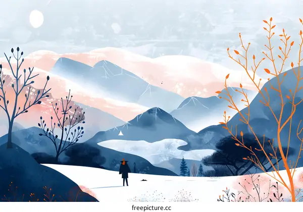 Winter Landscape Illustration With A Person Standing On A Snowy Mountain