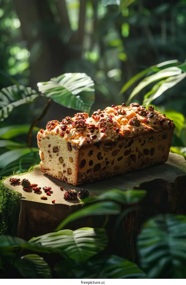 Close-up of a delicious nutty cake on a wooden stump in the middle of a lush green forest