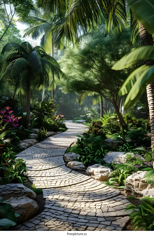 A winding stone path through a lush tropical rainforest
