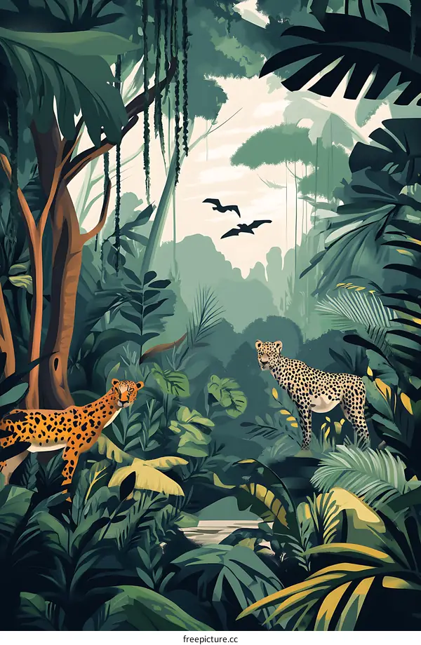 Tropical Jungle Landscape With Two Cheetahs