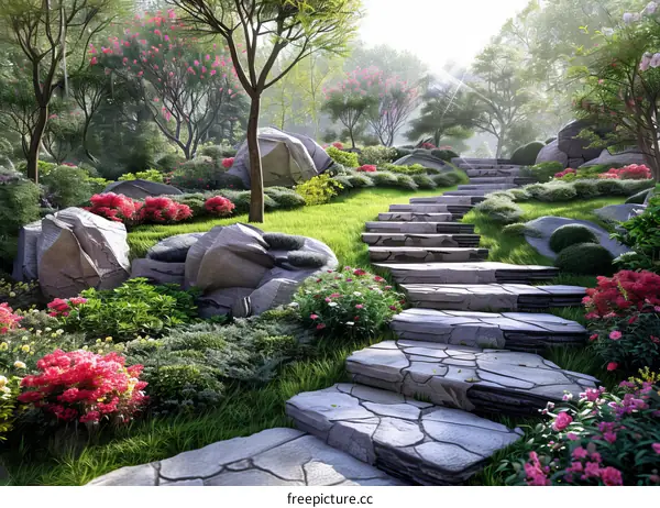 Landscaping with Pink Flowers and Large Rocks