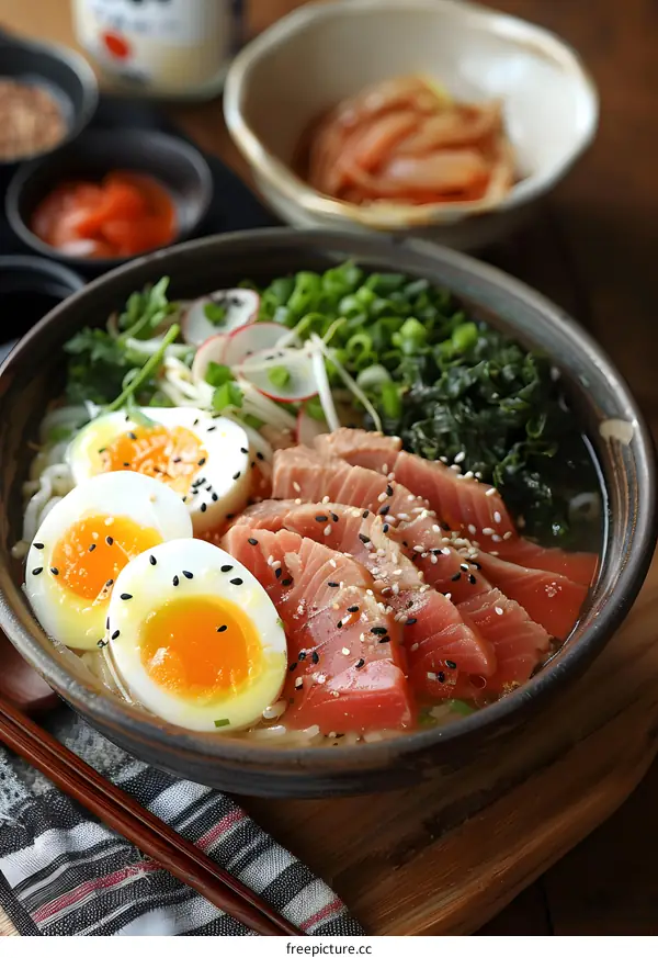 Bowl of Japanese Ramen Noodles with Tuna, Egg, and Sesame Seeds
