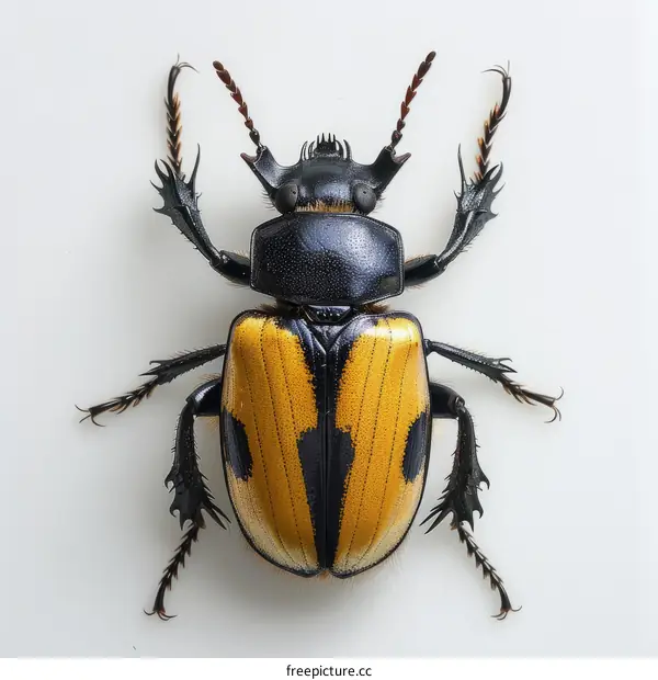 A golden and black beetle with a unique horn-like structure on its head