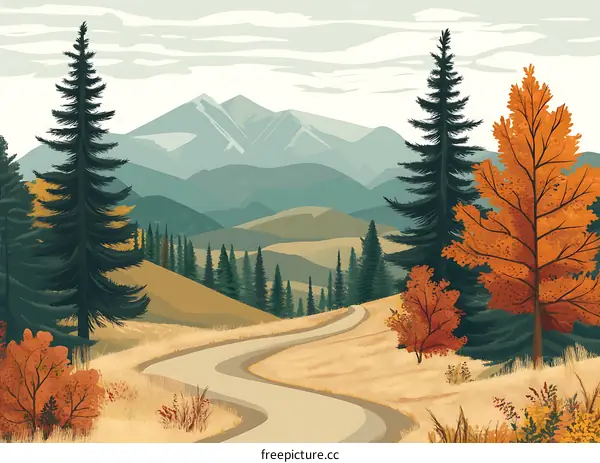 Autumn Landscape with Winding Road and Mountain View