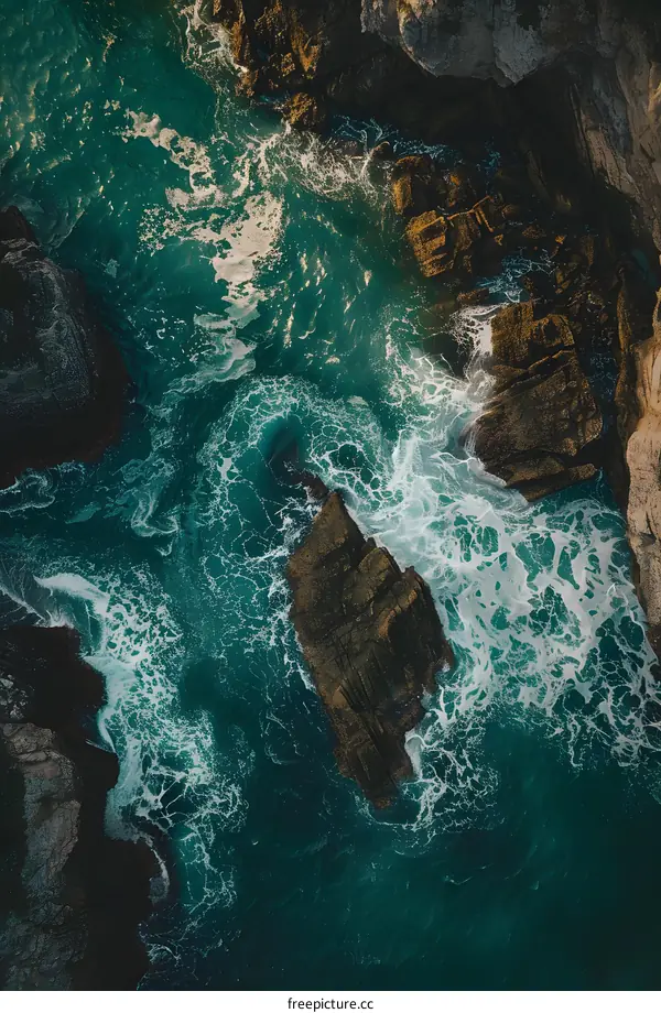 Aerial View of Ocean Waves Crashing on Rocks