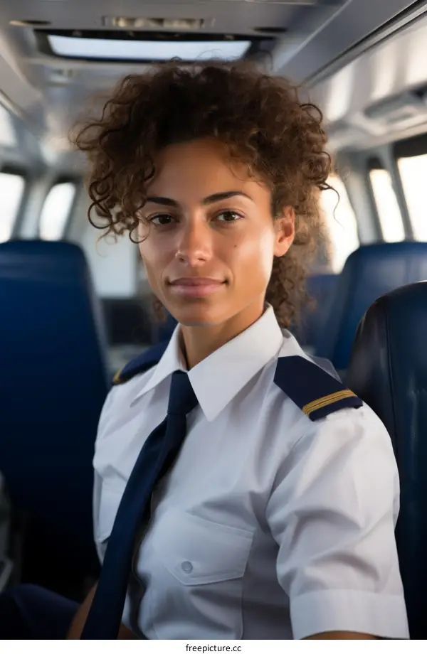 Portrait of a confident female pilot sitting in the cockpit of an airplane