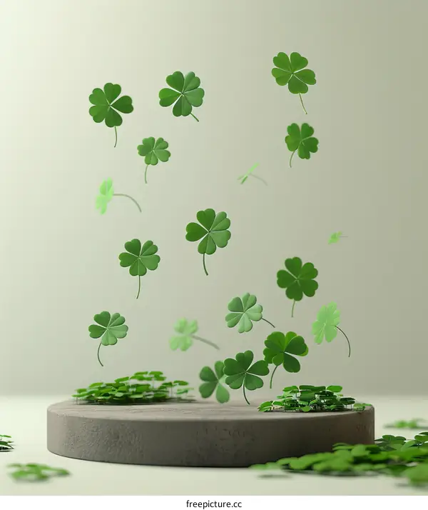 Green four-leaf clovers falling on a podium against a beige background