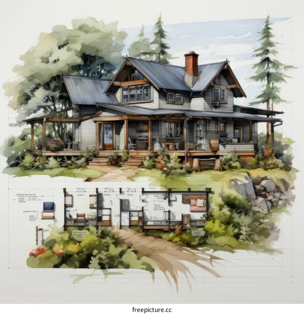 An illustration of a beautiful house with a porch and a garden