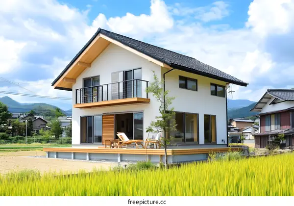 Modern White House With Wooden Deck in Front of Green Field