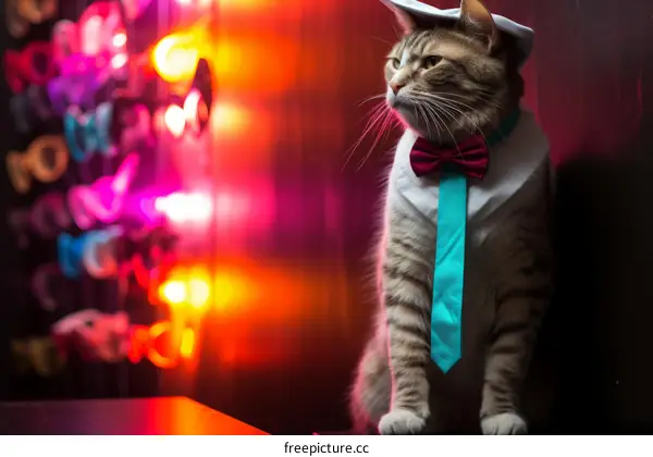 A Dapper Cat Wearing A Top Hat and Bow Tie