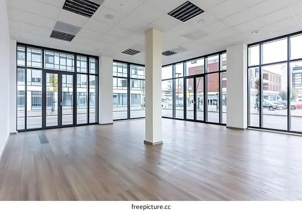 Empty Commercial Space With Large Windows and Wooden Floor